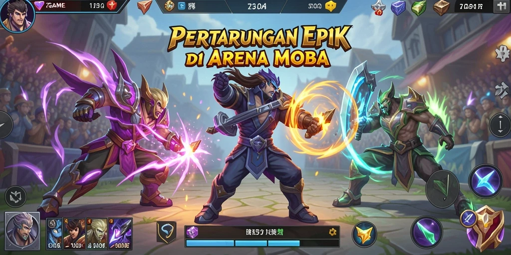 Screenshot gameplay 7GAME dengan pertempuran MOBA yang seru.