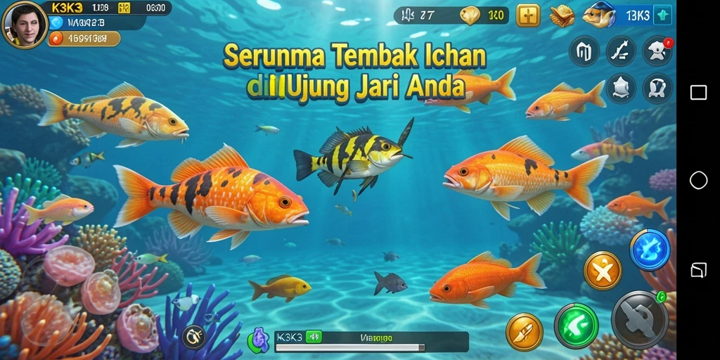 Screenshot gameplay K3K3 menampilkan aksi menembak ikan yang seru.