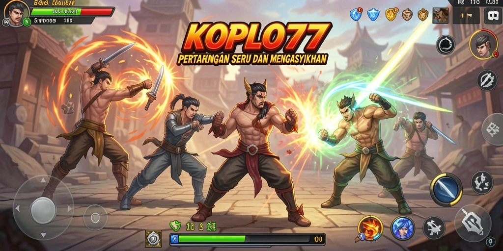 Tampilan gameplay yang mendebarkan dalam KOPLO77 saat karakter bertarung.