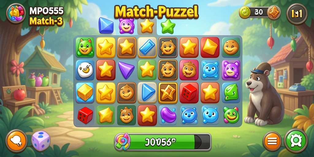 Tangkapan layar MPO555 menampilkan gameplay Match-3 yang seru dan penuh warna.