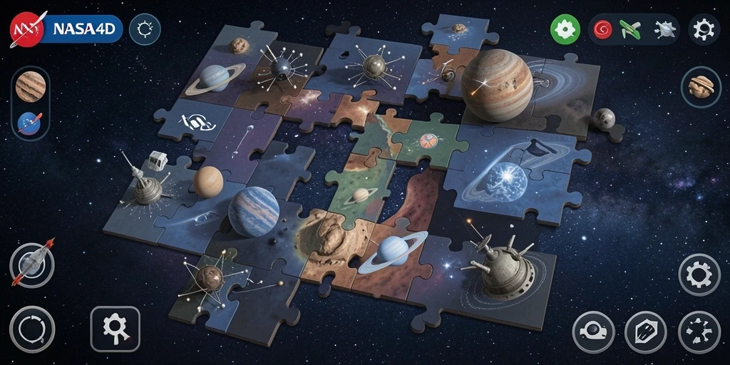 Tampilan gameplay puzzle yang menantang dengan gambar luar angkasa.